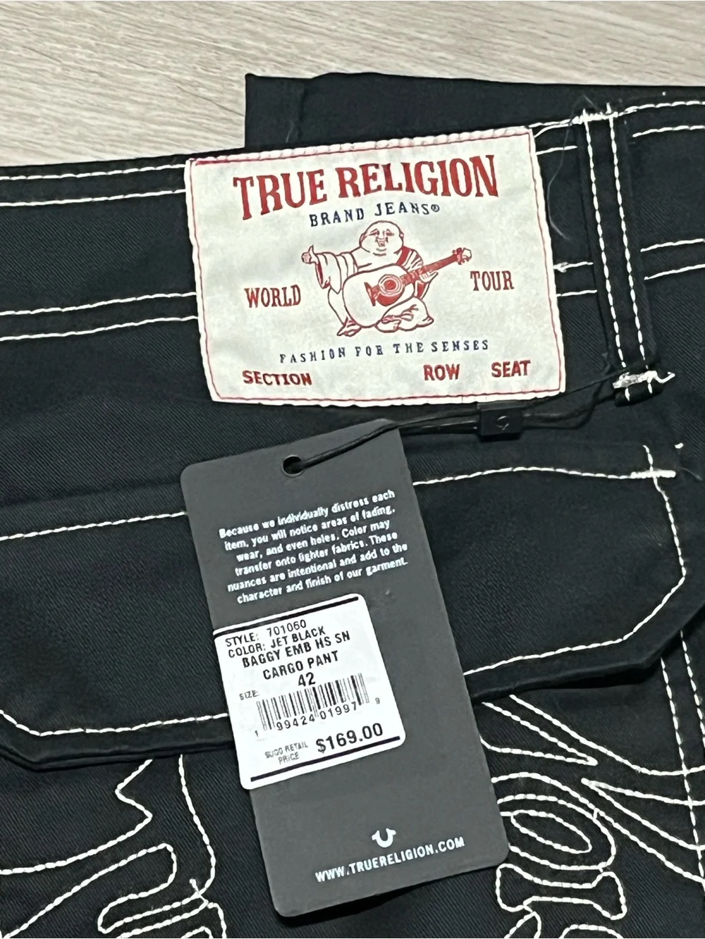 True Religion Cargo Pants Mens Size 44 Jet Black Outline Pocket Logo New $169